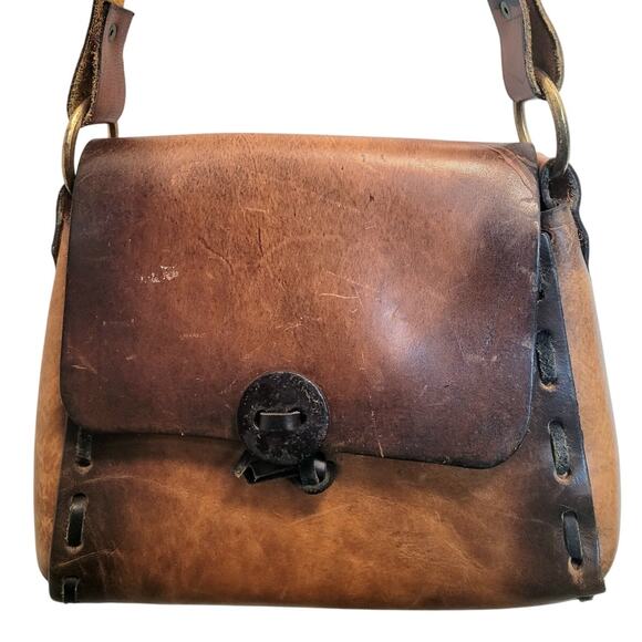 Seventies Brown Leather Boho Shoulder Bag Soft Hippie Vibe Wanderer Retro Style - Picture 1 of 12